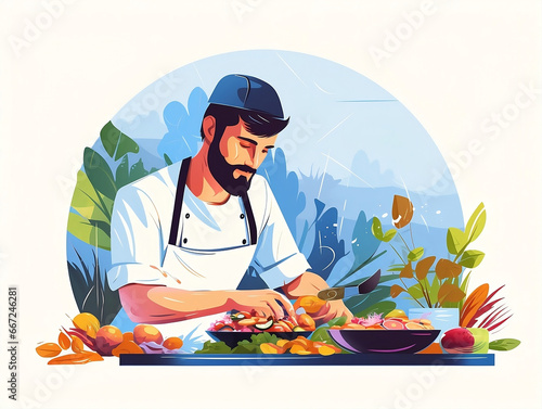 Colorful Illustration of a Chef Preparing Fresh Ingredients: Perfect for Healthy Eating Campaigns, Nutrition Blogs, and Cooking Guides © Jose