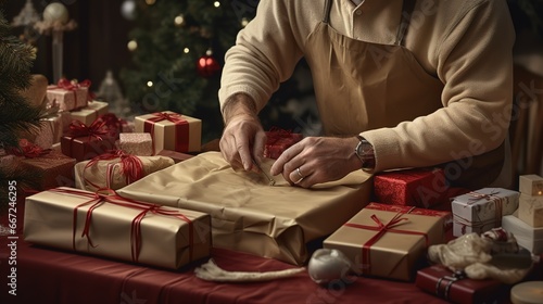 man stands near the table and prepares boxes with bows while celebrating Christmas at home