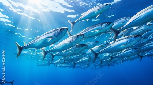 School of fish swimming in blue water, variable-lined fusiliers (Caesio varilineata).