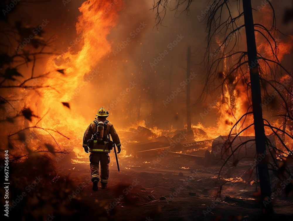 Into the Inferno: A Firefighter Battling a Forest Fire, Perfect for Environmental Awareness Campaigns and Emergency Services Training Materials