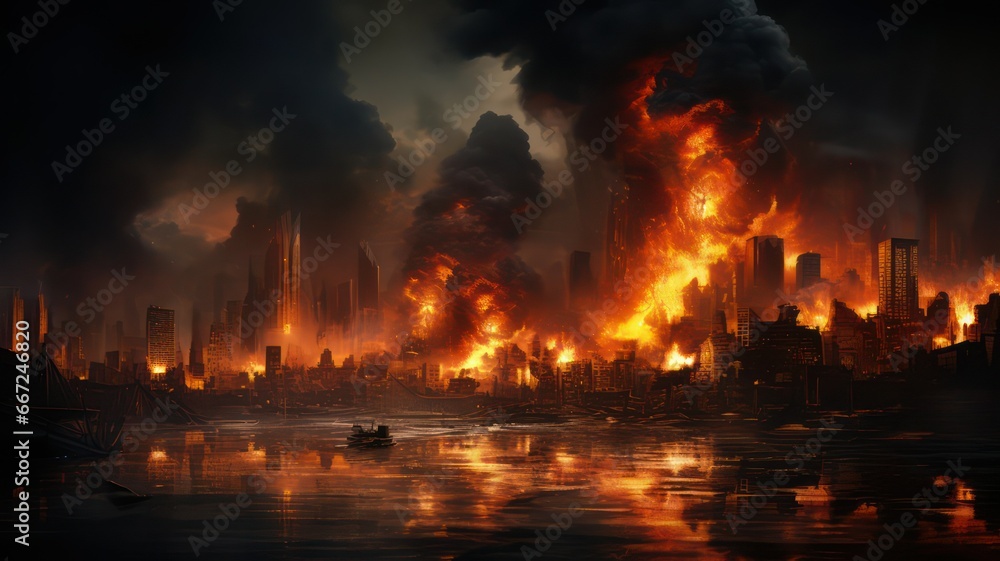 Modern city burning at a river created with Generative AI Modern city burning at a river created with Generative AI