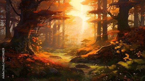 Autumn forest with sunbeams. Panoramic image.