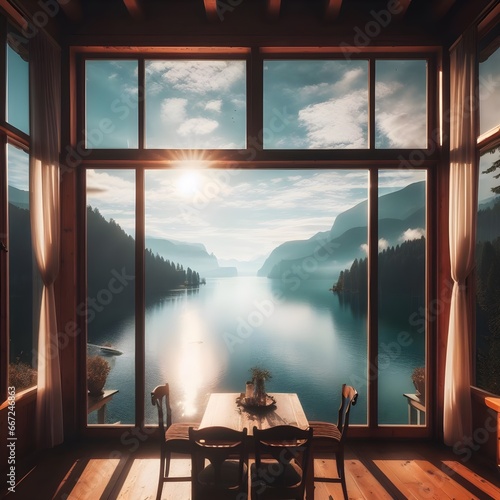 Through the windows  you can see a breathtaking view of the calm  tranquil lake just outside. The water shimmers with the reflection of the morning sun