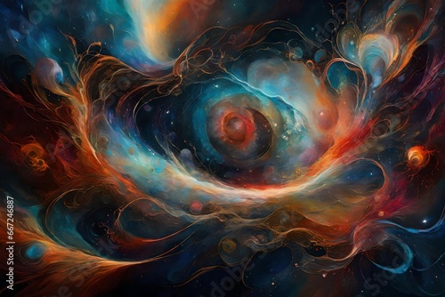 An abstract artwork that reflects the 'infinite expanse of the universe,' with swirling cosmic elements and ethereal colors, reminiscent of nebulas and galaxies.