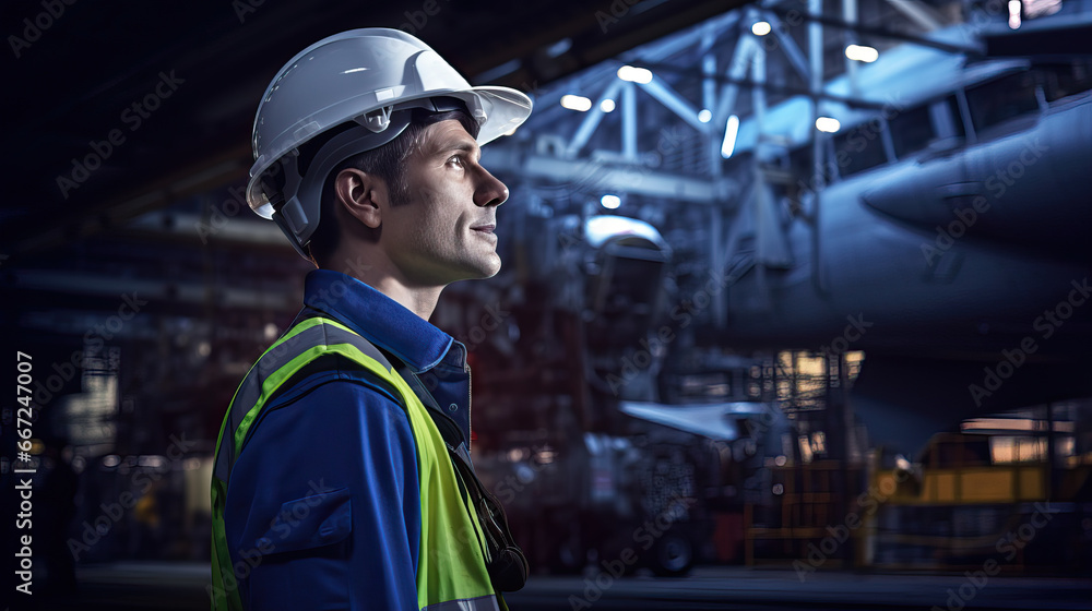 Worker on Background of Large Aircraft Production Facility Worker on Background of Large Aircraft Production Facility