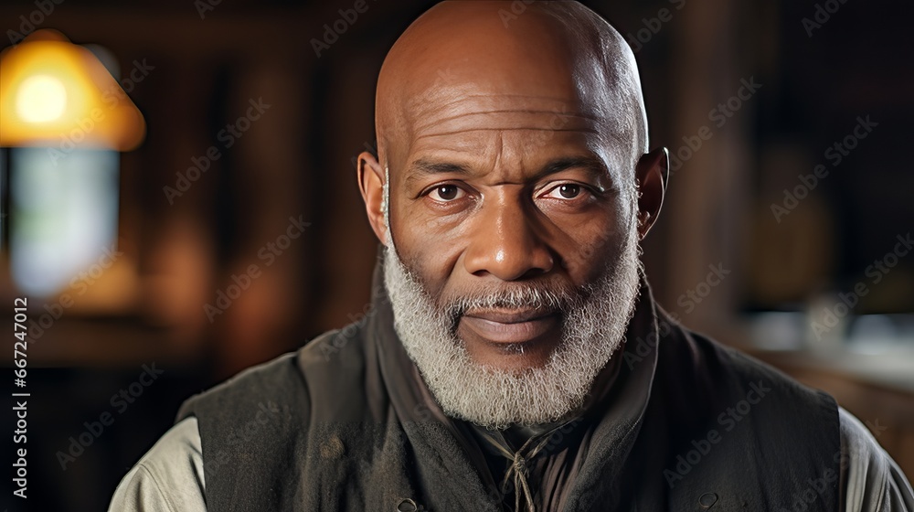 African American senior man with beard and bald head in close-up portrait in log cabin African American senior man with beard and bald head in close-up portrait in log cabin