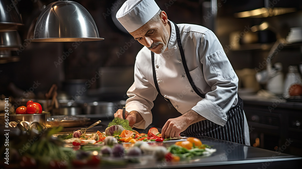 Chef Cooking Gourmet Dish in Restaurant Kitchen Chef Cooking Gourmet Dish in Restaurant Kitchen