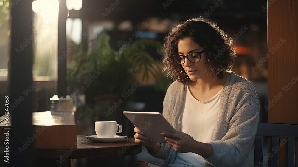 Young Woman with Tablet at Cafe Table Young Woman with Tablet at Cafe Table
