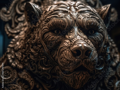 Close up portrait of a bear with oriental ornament woodcarving elements background