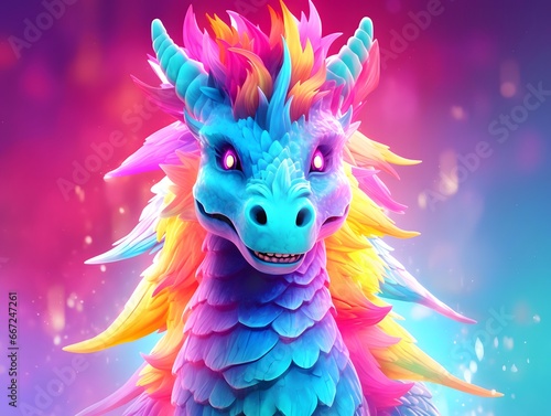 Fantasy dragon with rainbow hair. 3d illustration. 3d rendering © Iman
