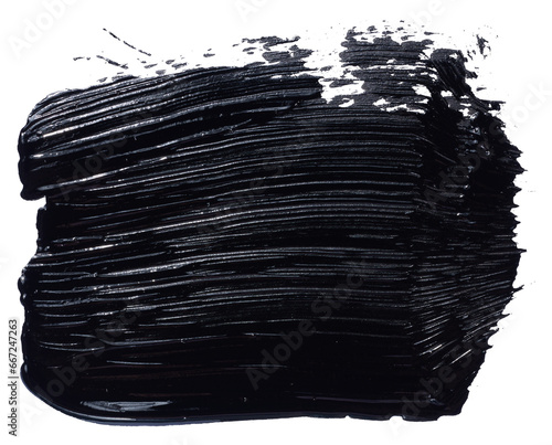 Black oil paint stroke with bristle brush, swatch isolated on white background