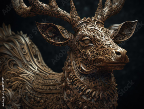Close up portrait of a deer with oriental ornament woodcarving elements background