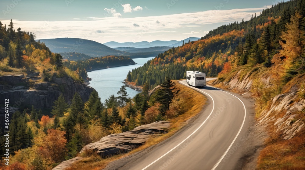 Along a picturesque road in Jackman, Maine, a pickup vehicle and an RV trailer are moving. - obrazy, fototapety, plakaty 