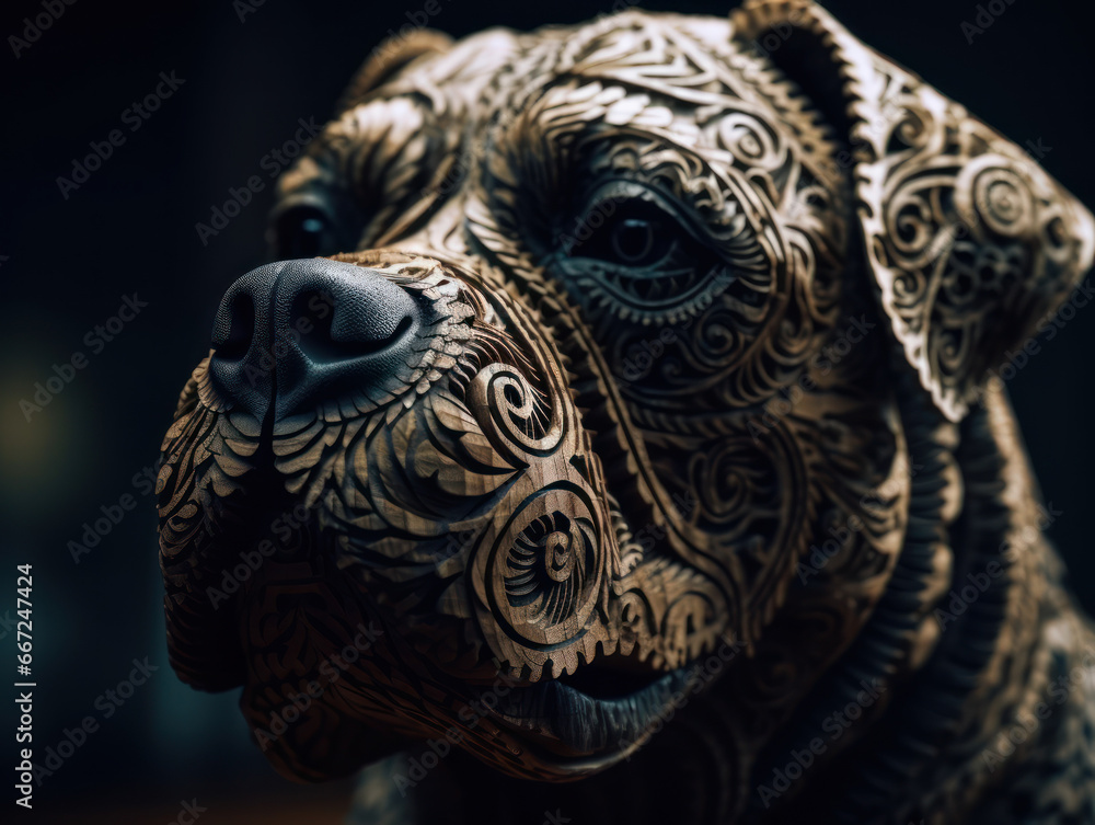 Close up portrait of a dog with oriental ornament woodcarving elements background Close up portrait of a dog with oriental ornament woodcarving elements background