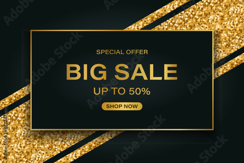 Luxury discount banner with gold frame and glitter. Big sale, super offer. Templates, brochures, vector