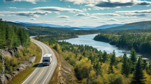 Along a picturesque road in Jackman, Maine, a pickup vehicle and an RV trailer are moving. photo