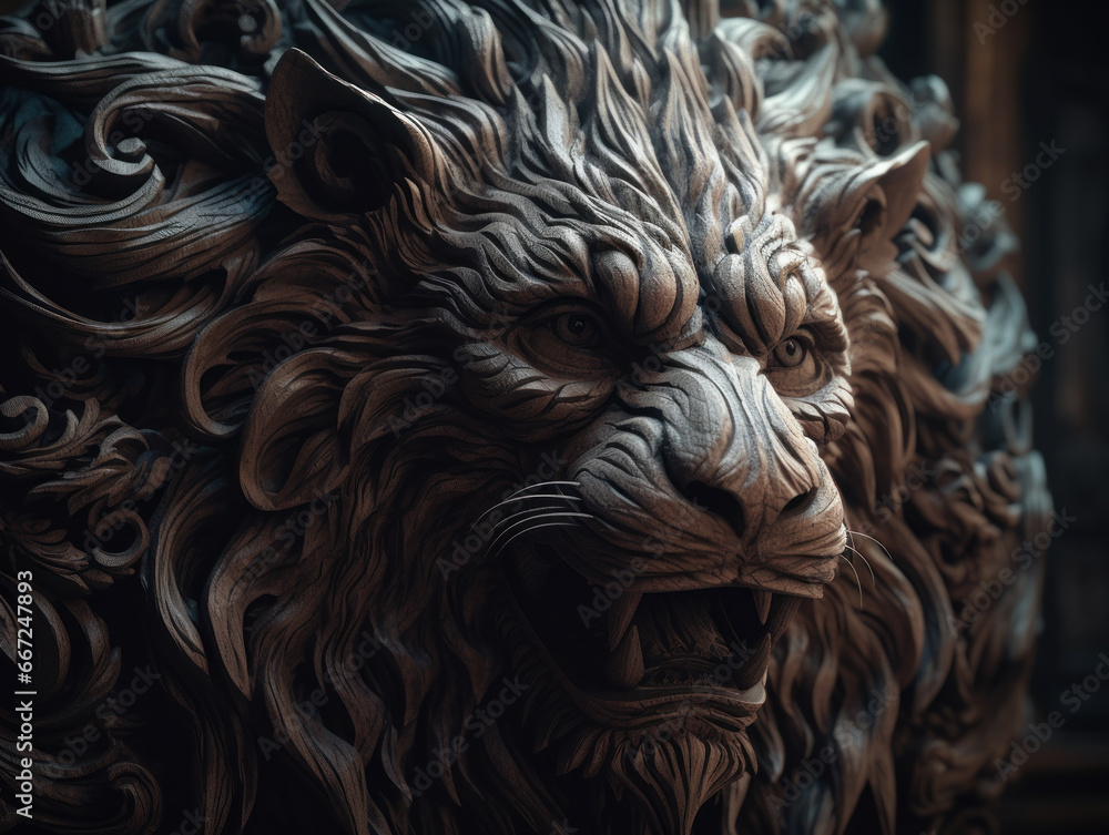 Close up portrait of a lion with oriental ornament woodcarving elements background Close up portrait of a lion with oriental ornament woodcarving elements background