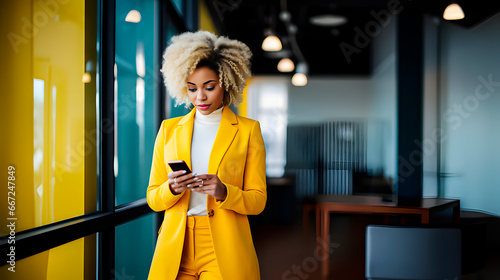 African American Business Woman in Yellow Suit Checking Her Mobile Phone