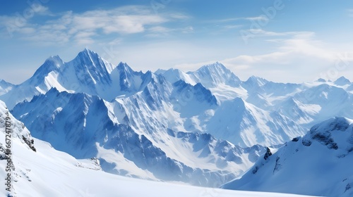 Panoramic view of snowy mountains in winter. Caucasus Mountains, Georgia, region Gudauri.
