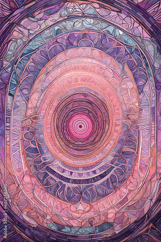 An abstract artwork that explores transcendental meditation, with intricate, concentric patterns and a serene color scheme of pastel pinks and calming purples.