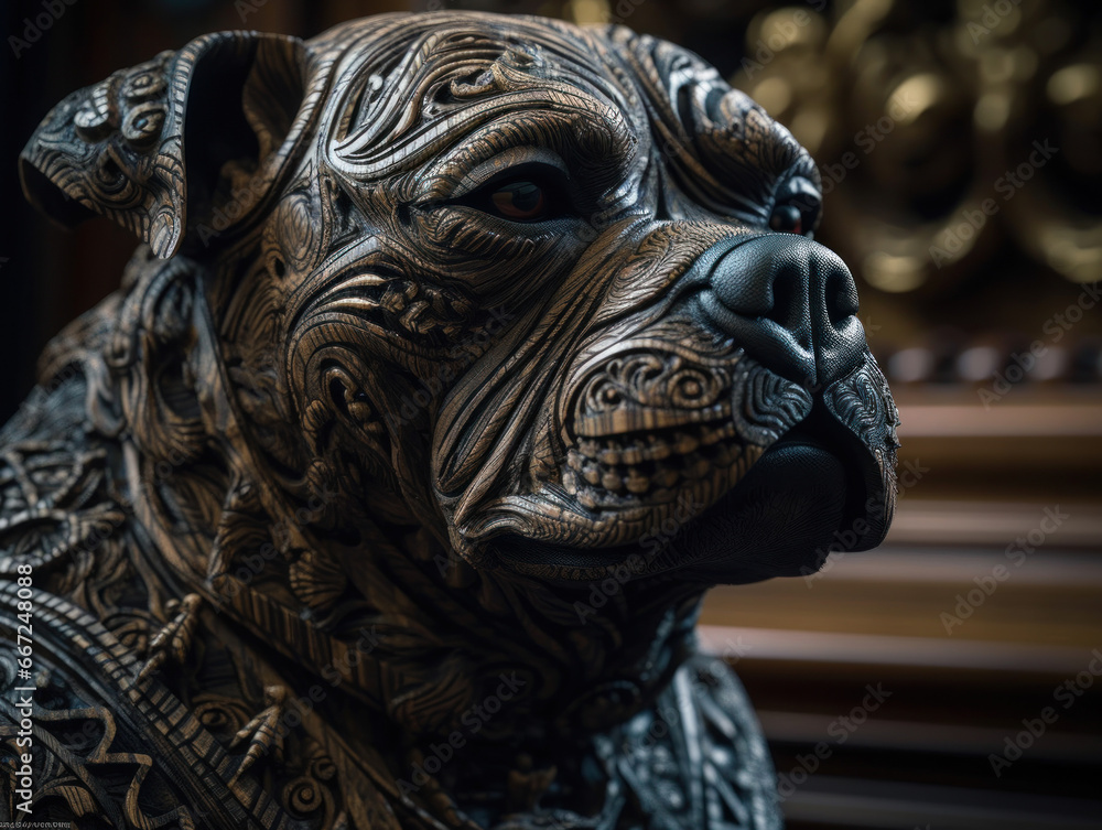Close up portrait of a pitbul with oriental ornament woodcarving elements background