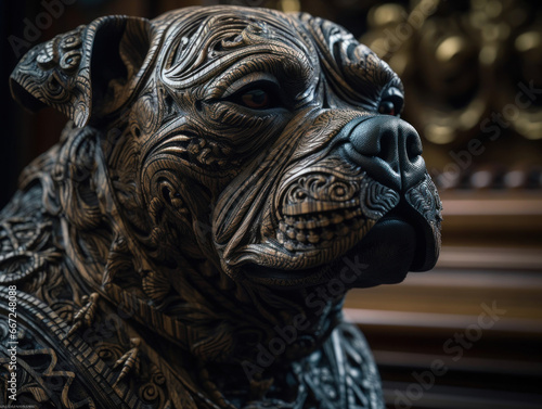 Close up portrait of a pitbul with oriental ornament woodcarving elements background