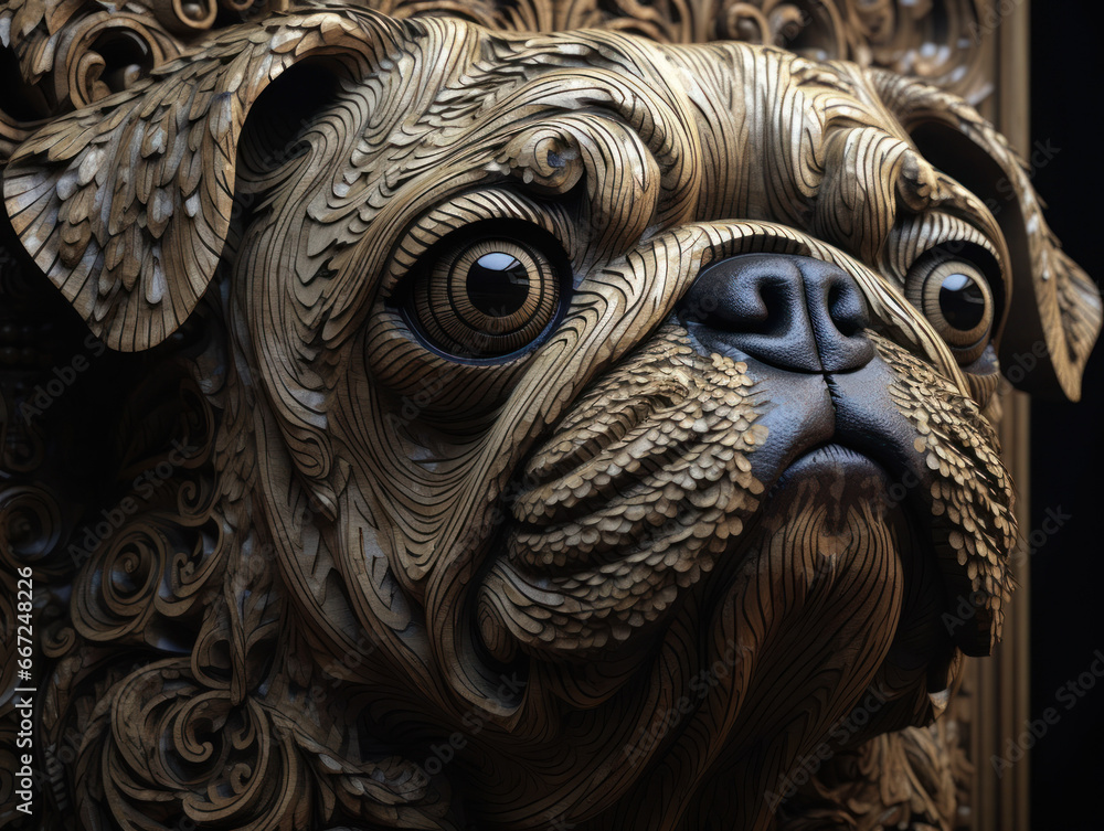 Fototapeta premium Close up portrait of a pug with oriental ornament woodcarving elements background