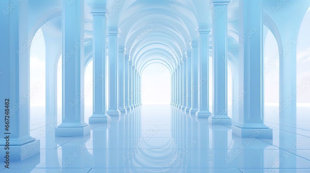 White columns and arches. Spacious hall. Minimalist architecture.