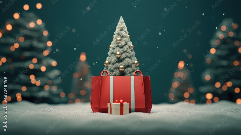 Fototapeta premium a Christmas shopping bag adorned with minimalist Christmas decorations and a beautifully wrapped gift box, embodying the essence of modern holiday style.