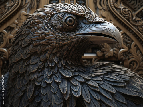 Close up portrait of a raven with oriental ornament woodcarving elements background