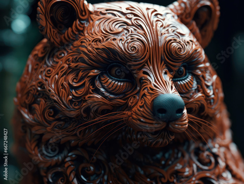 Close up portrait of a red panda with oriental ornament woodcarving elements background
