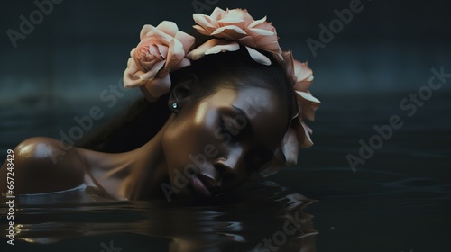 black woman with flowers on her head and closed eyes, bathing in water next to flowers