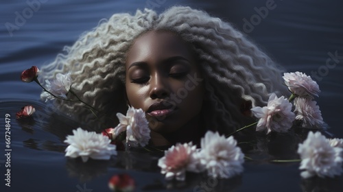 black woman with flowers on her head and closed eyes, bathing in water next to flowers