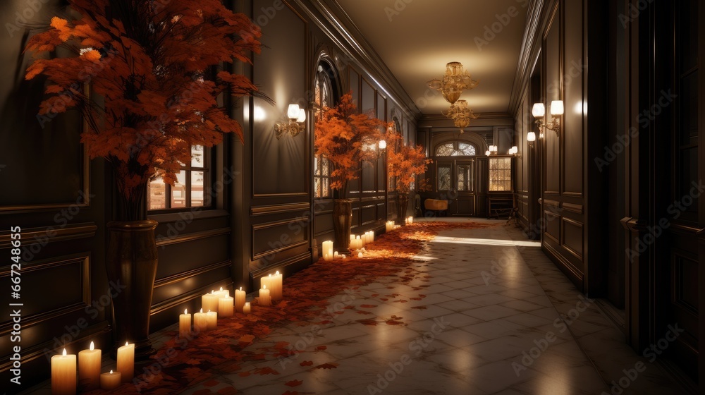 a modern apartment's hall adorned with warm autumn decorations and softly lit candles, evoking a cozy seasonal ambiance.