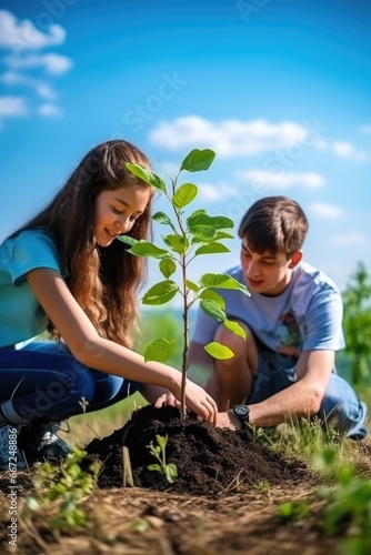 Boy and girl planting a small tree