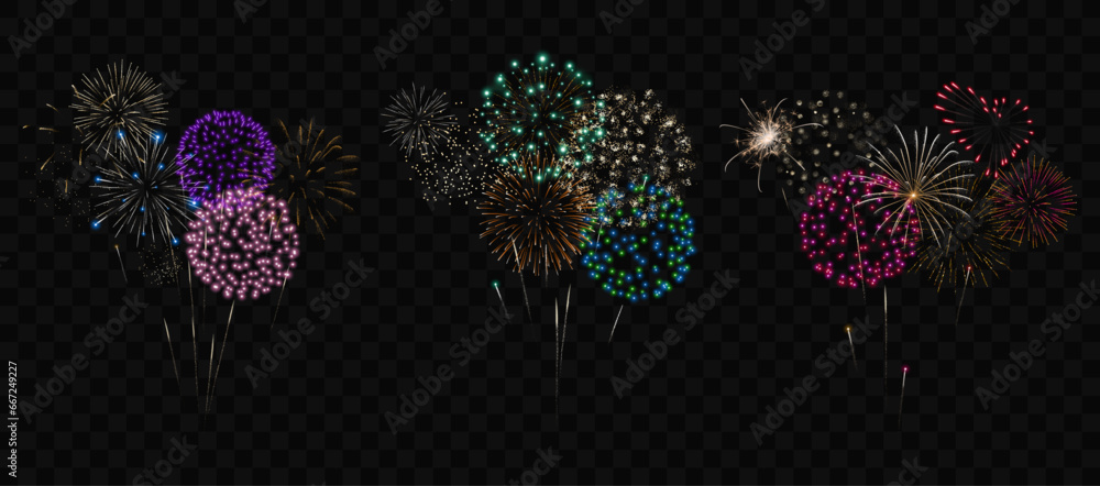 Fireworks vector set. Collection of realistic colorful fireworks. - obrazy, fototapety, plakaty 
