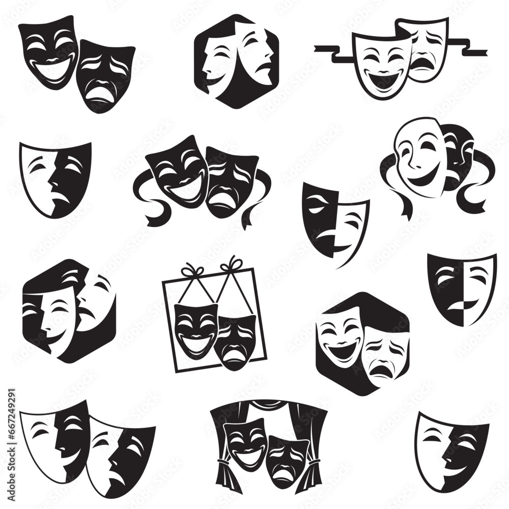 collection of comedy and tragedy theatrical masks isolated on white background collection of comedy and tragedy theatrical masks isolated on white background