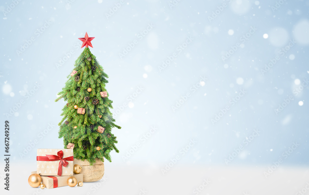 Obraz premium Christmas tree and gift boxes under it on a winter background