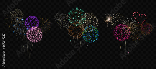 Colorful fireworks set. Collection of realistic fireworks