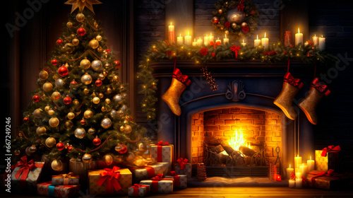A room with a fireplace decorated with Christmas decorations with a tree and New Year s gifts