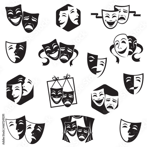 collection of comedy and tragedy theatrical masks isolated on white background
