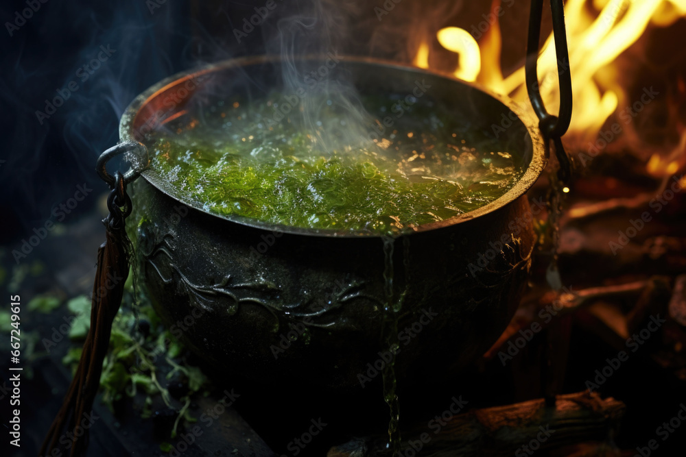 Bubbling cauldron in a dark witchs lair. AI generated Bubbling cauldron in a dark witchs lair. AI generated