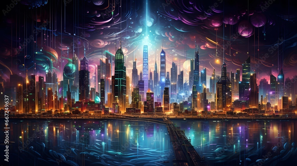 Night city panorama with neon lights and reflection on water. Vector illustration