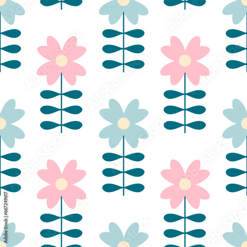 Retro style seamless pattern with blooming cornflowers wildflowers. Floral print for tee, paper, fabric, textile. Hand drawn vector illustration for decor and design.