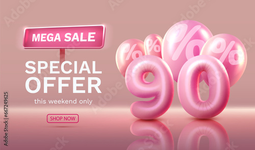 Mega sale, special offer, 90 off sale banner. Sign board promotion. Vector illustration