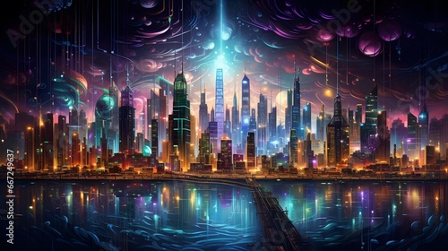 Night city panorama with neon lights and reflection on water. Vector illustration © Iman