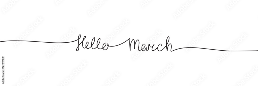 Hello March one line continuous text banner. Spring short phrase as banner concept. Vector illustration. Hello March one line continuous text banner. Spring short phrase as banner concept. Vector illustration.