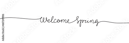 Welcome spring one line continuous text banner. Spring short phrase as banner concept. Vector illustration.