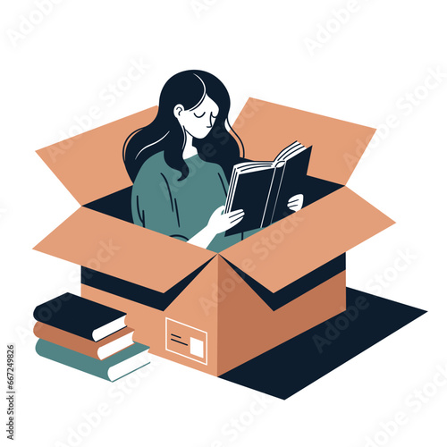 Young woman reading book in box. Isolated woman reading a book. Reading time. Young woman self isolation in her home.