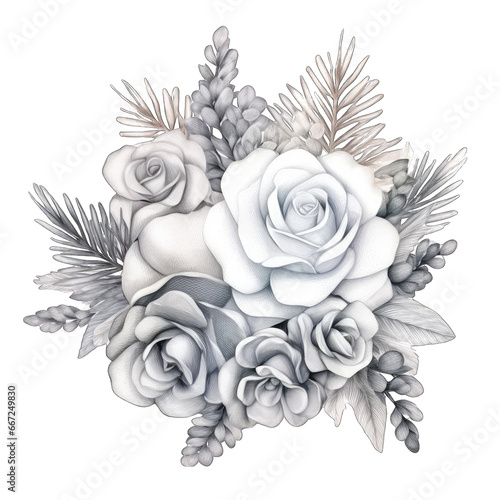 Silver toned rose flower arrangement for Christmas. Transparent isolated background